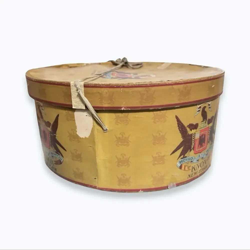 Vintage 1940s-50s Knox New York Hat Box Gold Cardboard Eagle Crest 14.75”